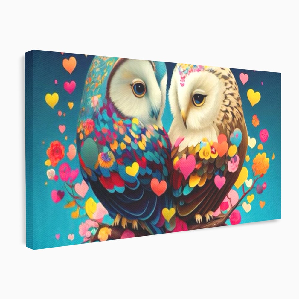 Tablou canvas cu tablou canvas cu doua bufnite colorate si inimi, fara rama, pe sasiu de lemn